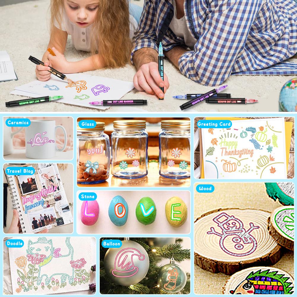 8/12/24 Pcs Metallic Marker Pens Art Line Pen Outline Marker Highlighter Pen For Manga Crafts Scrapbooking School Stationery Supplies