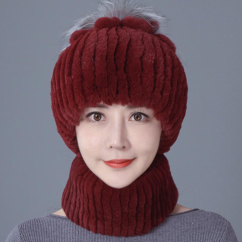 New Rex rabbit fur wool hat women's autumn and winter warm scarf fashion thickened ear protection flower suit tide