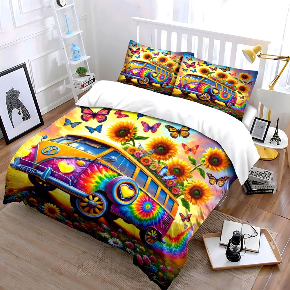 Juego de Ropa de Cama con Arte de Furgoneta Hippie Colorida con 1 Funda de Edredón 2 Fundas de Almohada Individual Doble King Queen, Regalo