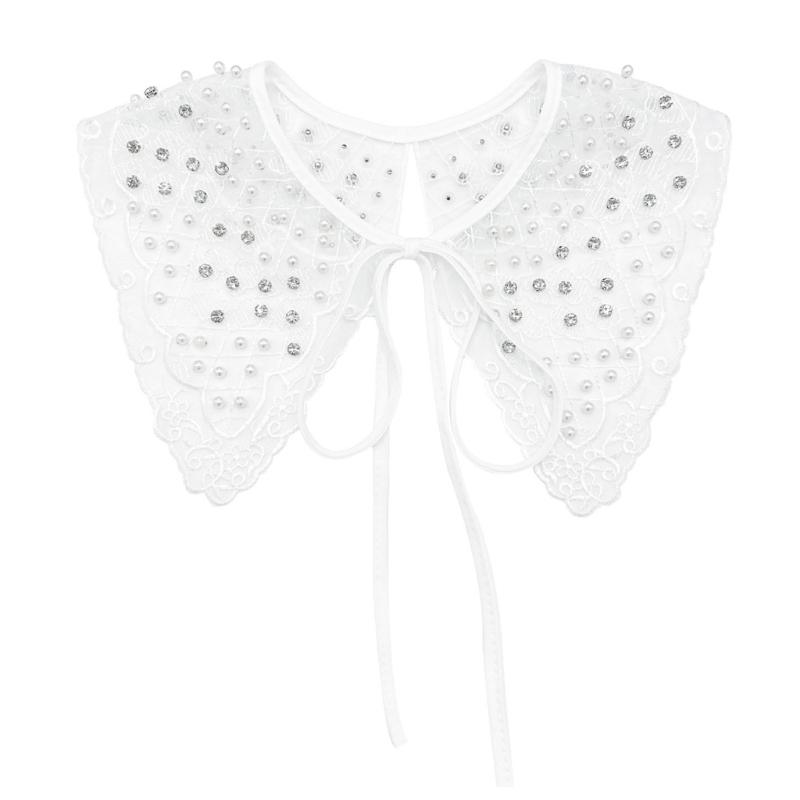Женский мини-шаль-накидка в французском стиле из органзы с вышивкой, белый съемный воротник, украшенный жемчугом, стразами, бисером и бантом 1 белый