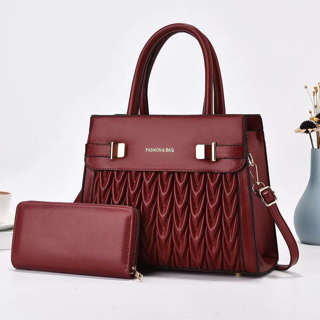 Fashionable Solid Color Letter Print Pleated Design Handbag With Wallet For Women