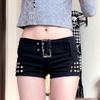 Sexy Low-Waisted Black Denim Rivet Shorts - Women's Hot Pants for Spring & Autumn