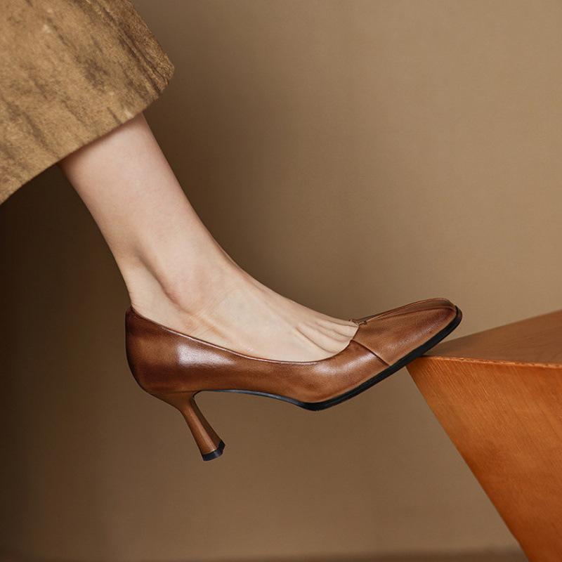 New women's high-heeled single shoes, one-pedal lazy shoes, square head, thin heel, beef tendon soft sole, women's leather shoes in all seasons