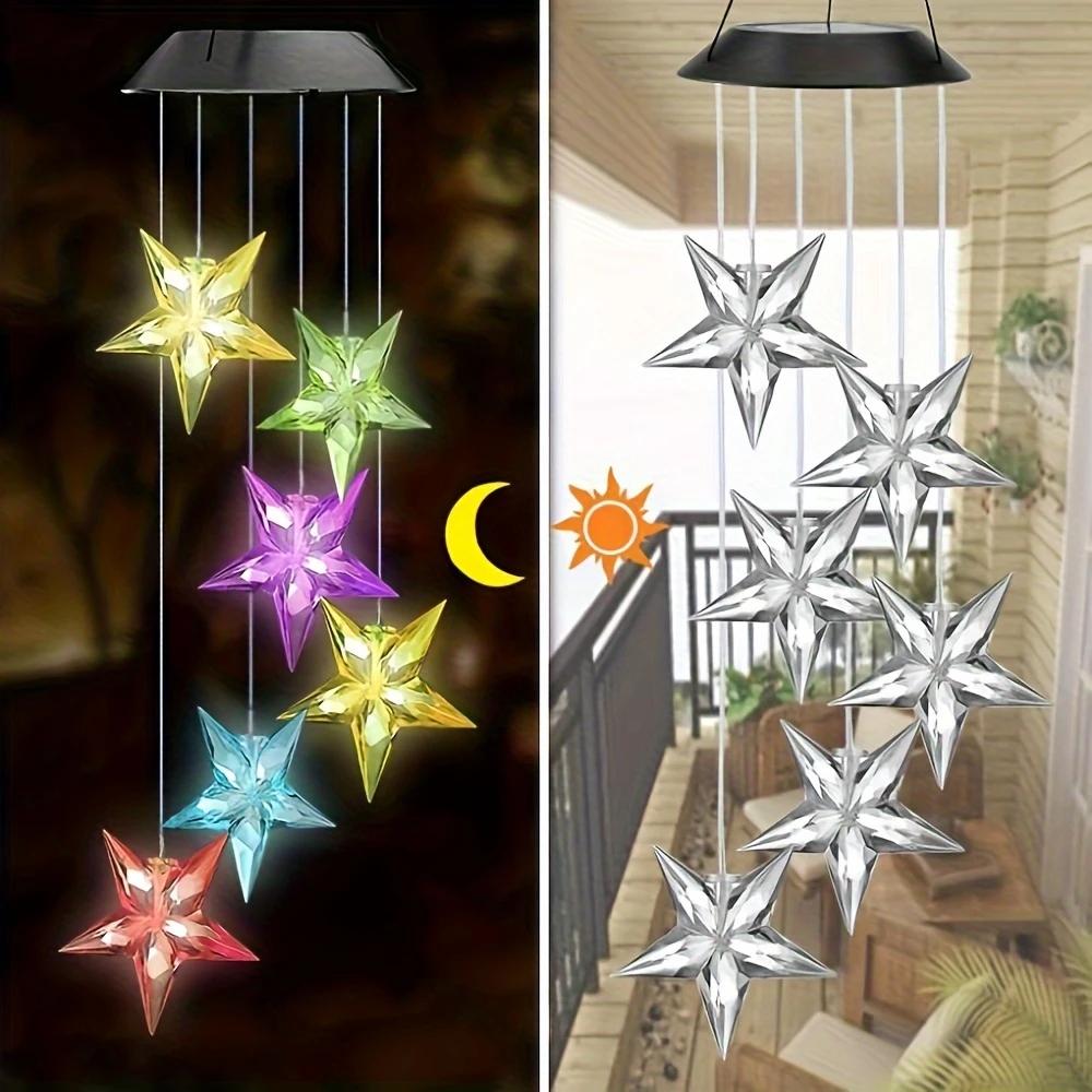 1pc Star/Moon Shaped Wind Chime With Solar LED Light Outdoor Balcony Colorful Hanging Lamps For Home Garden Yard Walkway Decor