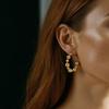 18K Gold-Plated C-Shaped Stainless Steel Earrings, Round Beads, Waterproof, Colorfast, Half Circle Stud Design.