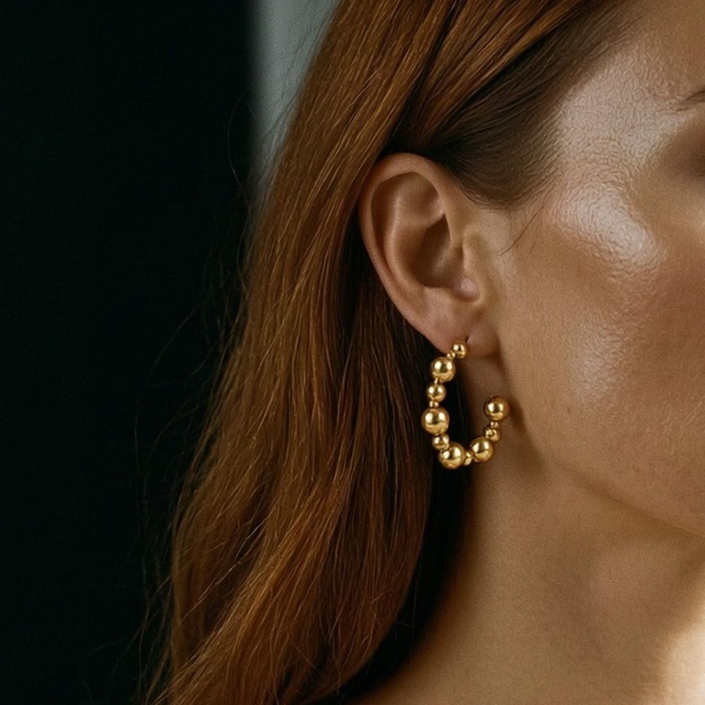 18K Gold-Plated C-Shaped Stainless Steel Earrings, Round Beads, Waterproof, Colorfast, Half Circle Stud Design.