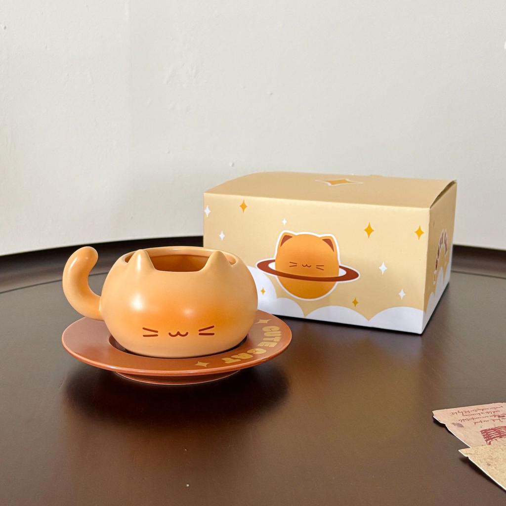 Cartoon Cat Shape Ceramic Coffee Cup Cute Cute Latte Cup Breakfast Milk Cup Coffee Cup Saucer Set
