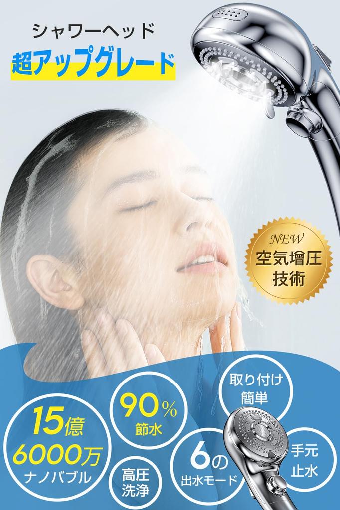 [Amazon.co.jp Exclusive] Micro-Nano Bubble Shower Head, 2026 Innovative Model, 90% Water Saving, 6-Stage Water Stop Mode, 4 Adapters Included, High Wa