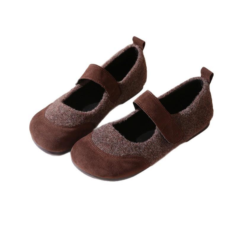 Sheepskin Version~ Retro Matte Splicing Mary Jane Single Shoes Women's Autumn New Flat-bottomed Velcro Shallow Mouth Single Shoes Tide