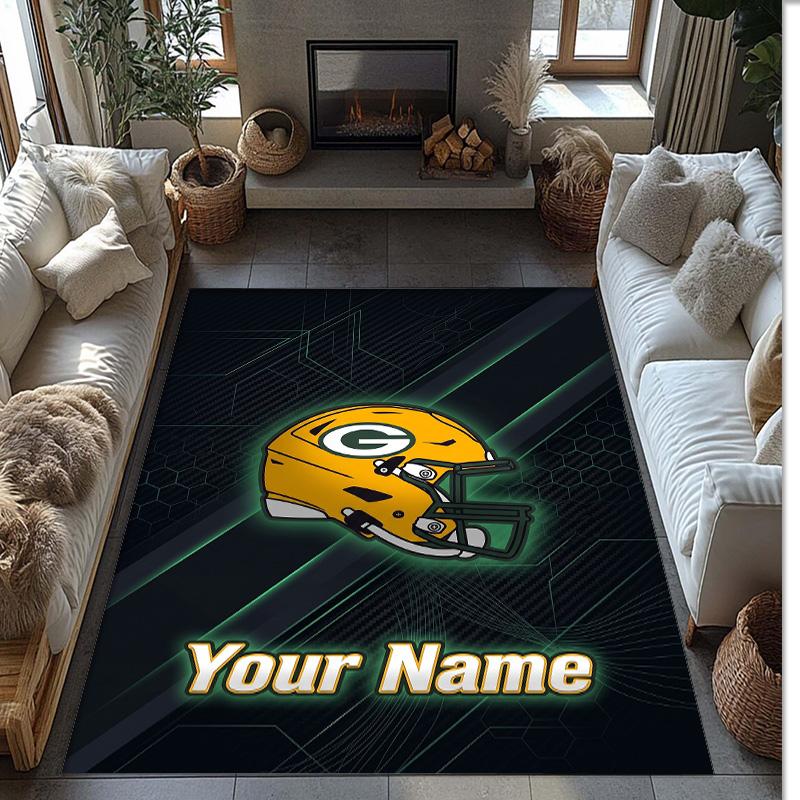 Green Bay Packers Crystal Velvet Rug, Custom Name Text Personalized Non‑Slip Floor Mat for Home Decor Gift