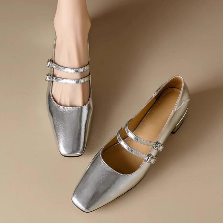 Fashion French Style Leather Mary Jane Shoes Women Sexy Low Square Heel Flats Fashion Double Buckle Strap Design Casual Shoes for Women