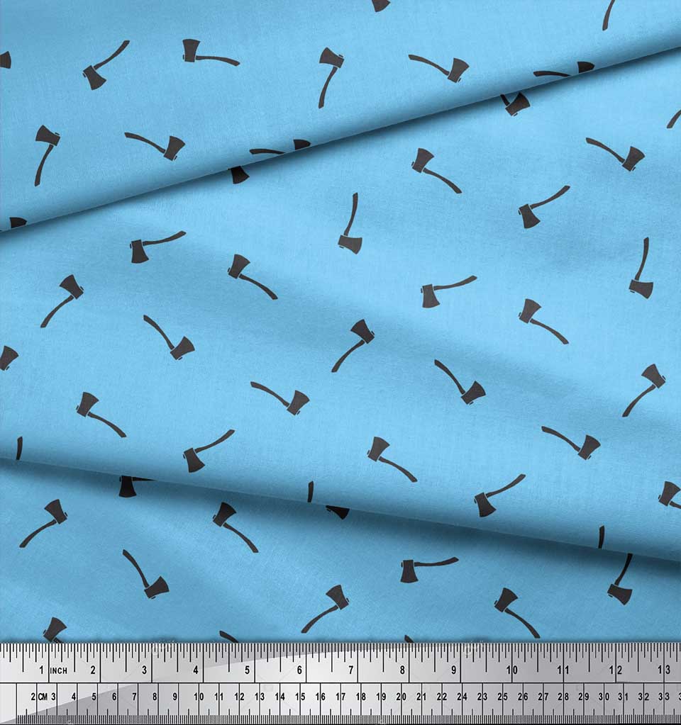 Soimoi Blue Japan Crepe Satin Fabric Axe Hardware Printed Craft Fabric by the metre 42 Inch
