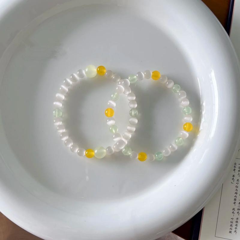 Women's Prehnite Bracelet with White Cat's Eye Stone & Yellow Agate - Simple, Versatile National Style Crystal Jewelry