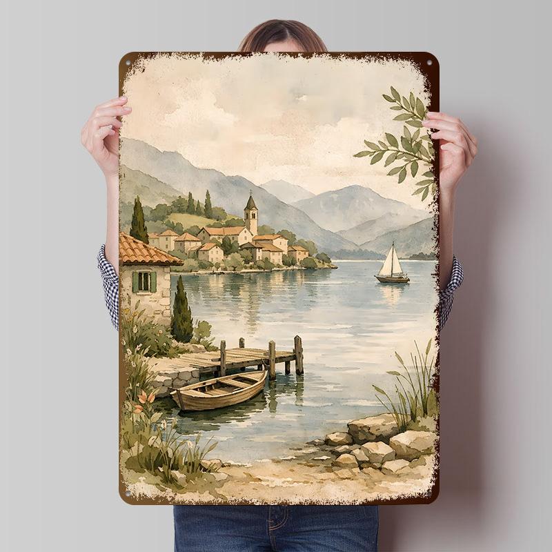 Watercolor Lake Scene With Village Printing Poster Customized Retro Wall Art Vintage Metal Signs for Room Home and Decoration