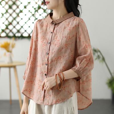 Spring Summer Lightweight Breathable Artistic Loose Cotton Linen Print Seven Quarter Sleeve Round Collar Patterned Shirt Top for Women