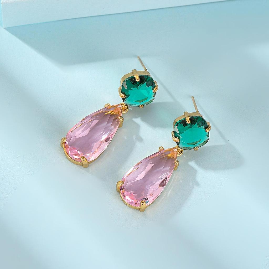 High-Transparency Gemstone Earrings: Pink & Green Crystal Luxury Women's Long Fashion Jewelry