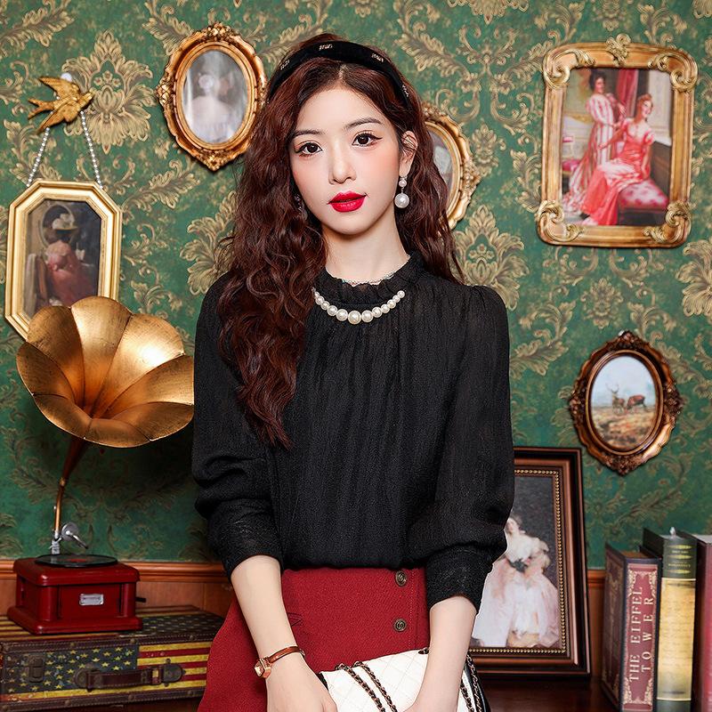 

French Half-high Neck Black Earrings Beaded Shirt for Women s Spring Clothes Fashionable Lace Shirt Chiffon Top 2XL