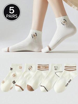 5 Pairs Women Round Neck Socks Cute Sweet Cartoon Design Moisture Absorbing Breatha Blesuitable Daily Wear Casual Socks