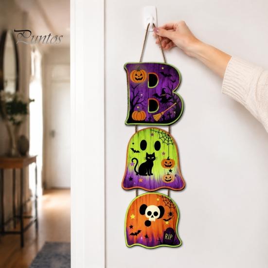 Layered Hanging Seasonal Ornament Halloween Wooden BOO Sign, Creative Letter Pendants, Vintage Ghost Pumpkin Black Cat Cute Theme Wall Decor
