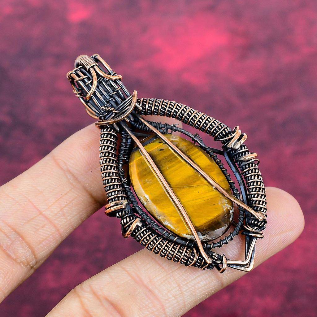 Tiger's Eye Real Gemstone Pendant Copper Wire Wrapped  Rainbow Moonstone Jewelry