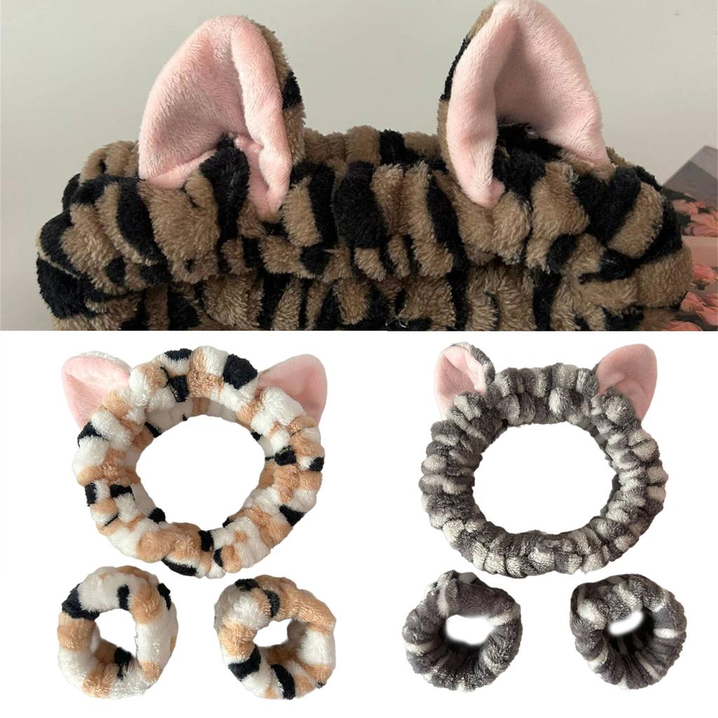 1set Elastic Women Shower Hairband & Wristband Cute Kitten Plush Face Wash Hairband Home Makeup Headband Wristband