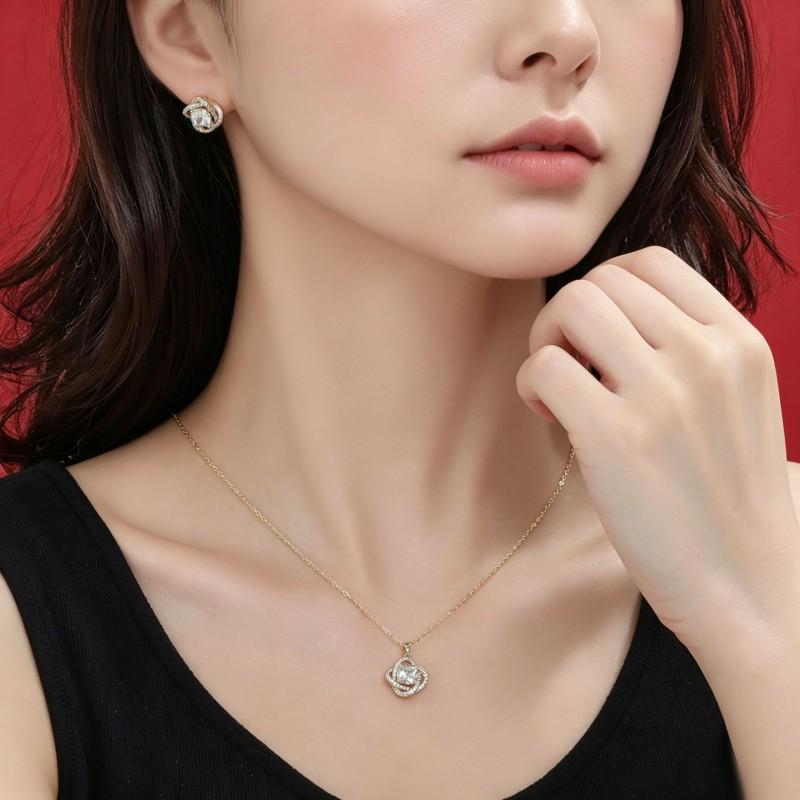 Jewelry Set Women Clover Design 16k Gold Plated Zircon Pendant Necklace Earrings Fashion