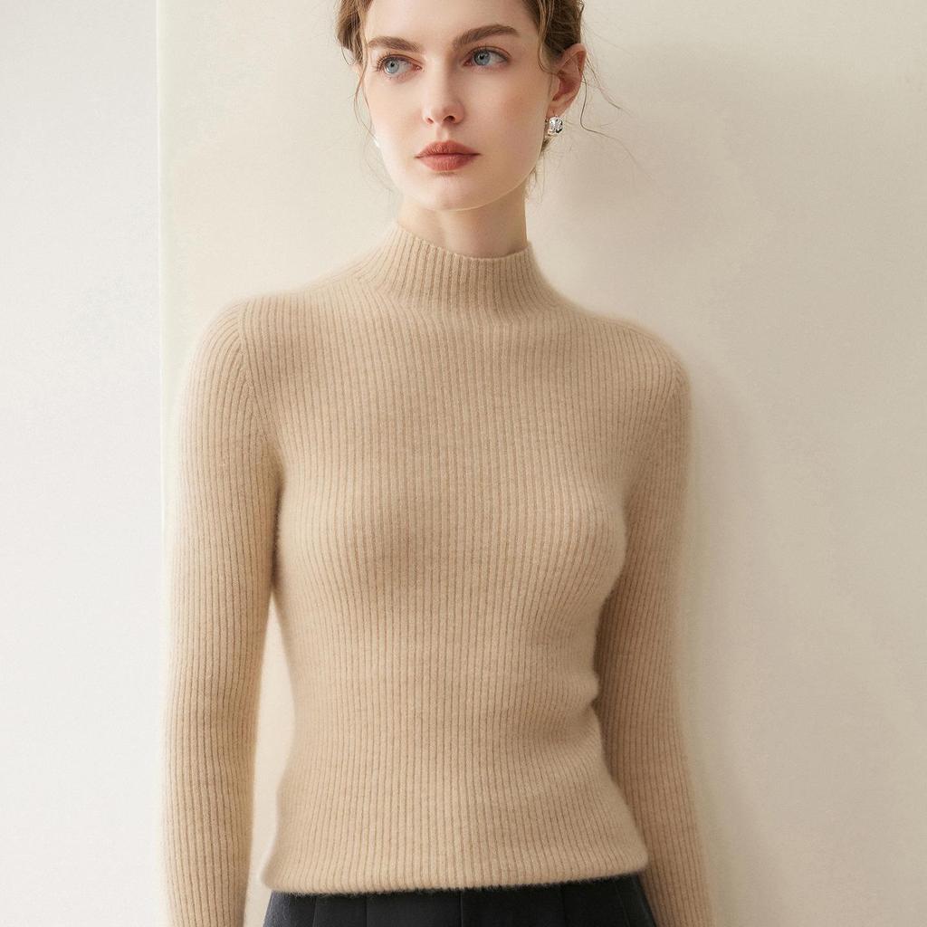 Women's 100% Cashmere Long Sleeve Knit Sweater - Half-High Neck, Tight-Fitting, Versatile Base Layer for Autumn/Winter.
