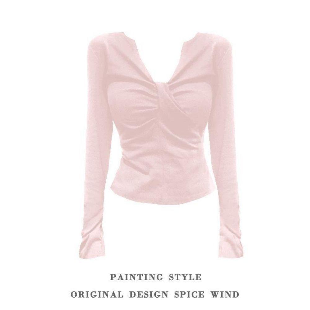 VAYLA Slimming Long Sleeve Black Knit T-Shirt for Women - One-Piece Wrap Around Style with Low Cut - Ins Top Slimming Shape-Wear