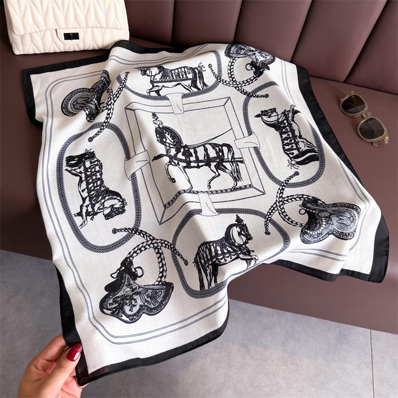 Horse printing herringbone pattern cotton and linen small square scarf silk scarf imitation velvet headscarf shawl sun protection scarf women's scarf