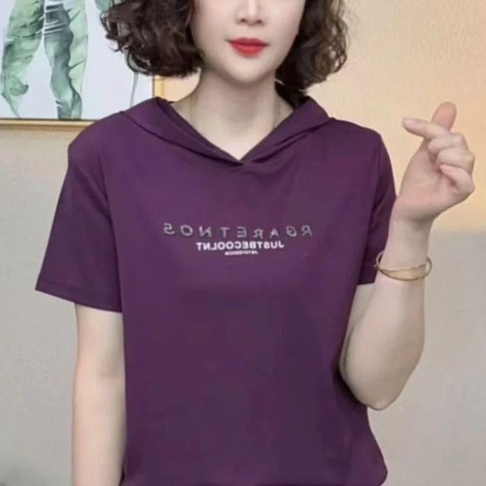 

2025 summer new fashion age-reducing hooded short-sleeved T-shirt loose and thin versatile women s top 4XL фіолетовий