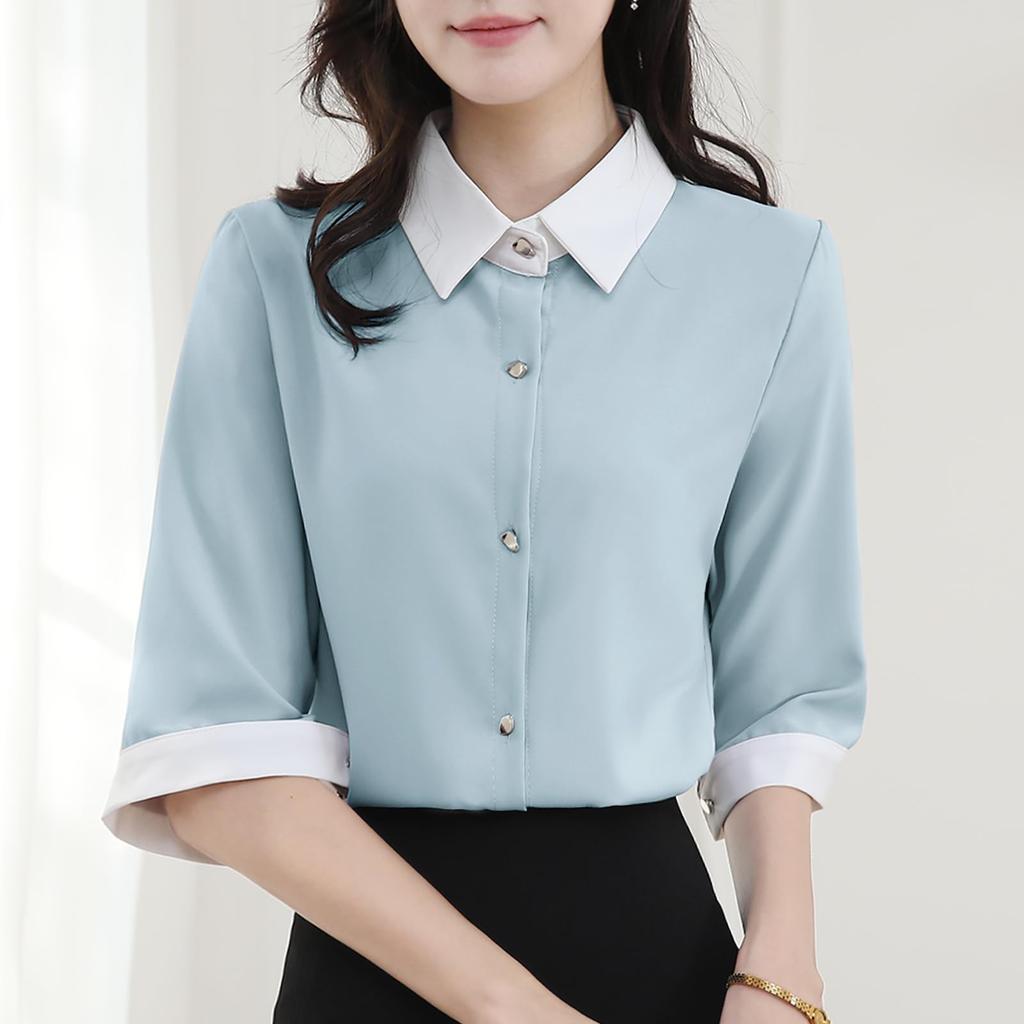 Shirt Blouse for Short Body Going Dress Summer [Yino] Women, Sleeve, Bicolor, Collared, Smooth, Covering, Slimming, Simple, Neat, Stylish, Commuting,