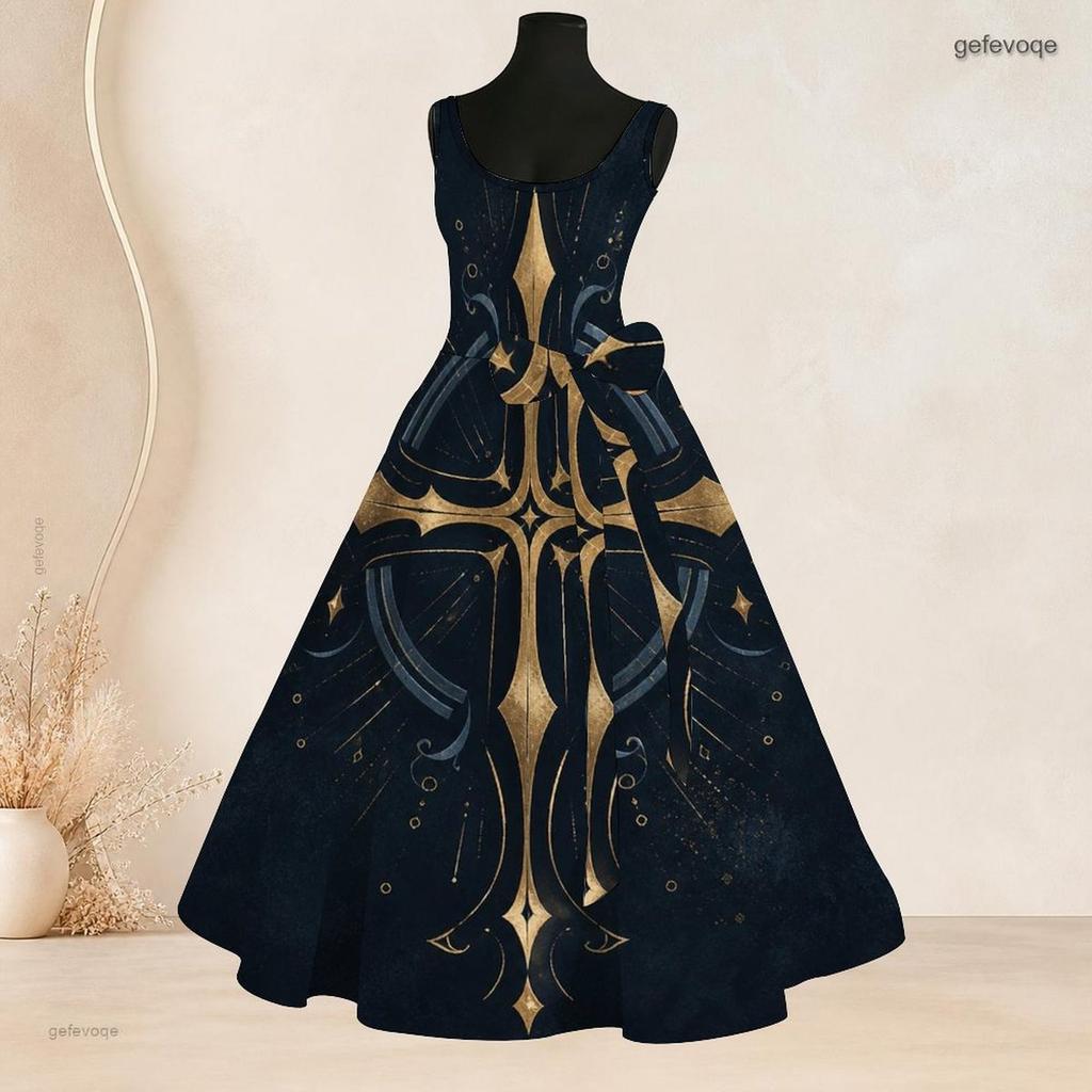 Damen Übergröße Rundhals Ärmellos Adler Print Beige Marine Krawatte Taille A-Linie Langes Kleid