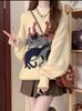 Damenpullover mit Katzenprint und Umschlagsaum - Herbst/Winter 2025 Amerikanischer Lässiger Stil, Rundhalsausschnitt, Lockerer Stricktop für Kleinwüchsige.