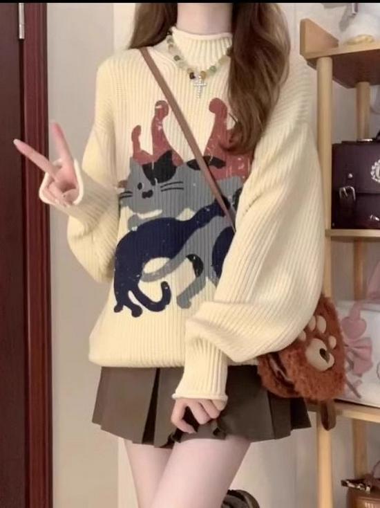 Damenpullover mit Katzenprint und Umschlagsaum - Herbst/Winter 2025 Amerikanischer Lässiger Stil, Rundhalsausschnitt, Lockerer Stricktop für Kleinwüchsige.