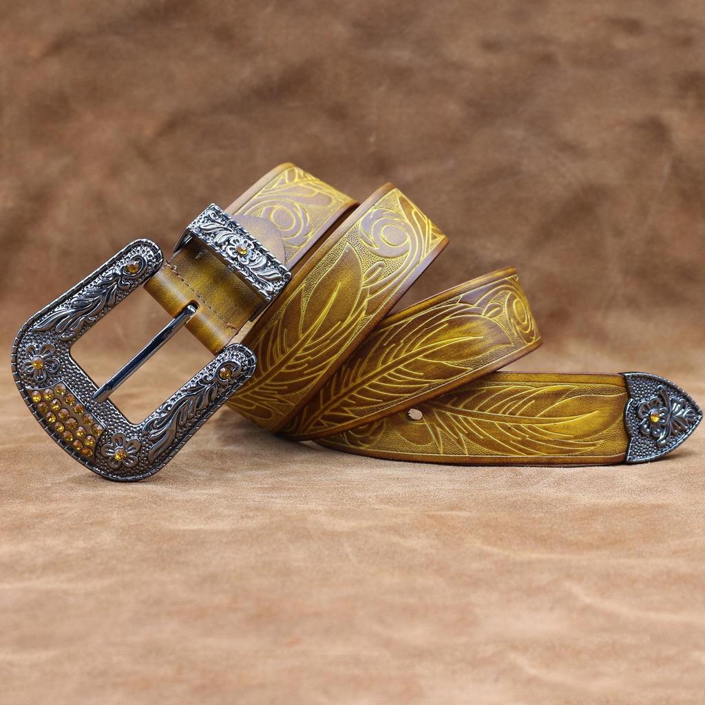 Unisex Distressed Retro Cowhide Leather Belt with Embossed Floral Design