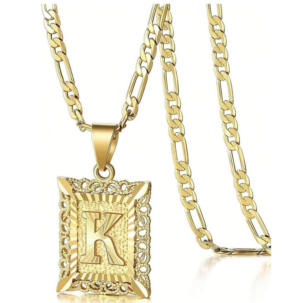 Initial Necklace Square Letter Pendant Necklace Capital Monogram Necklace Alhpabets From A-Z Figaro Chain Necklace