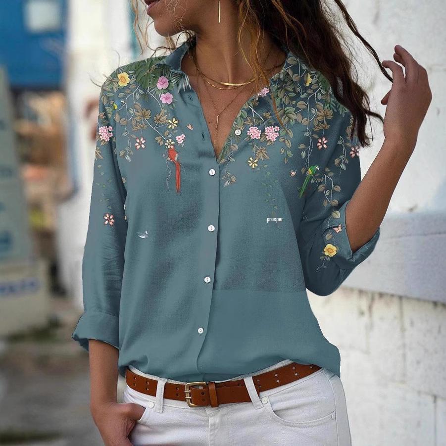 2023 Women's Printed Long Sleeve Button-Down Casual Top