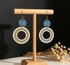 Vintage Hollow Geometric Denim Patchwork Wooden Earrings for Women