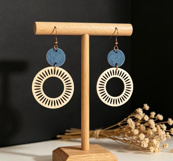 Vintage Hollow Geometric Denim Patchwork Wooden Earrings for Women