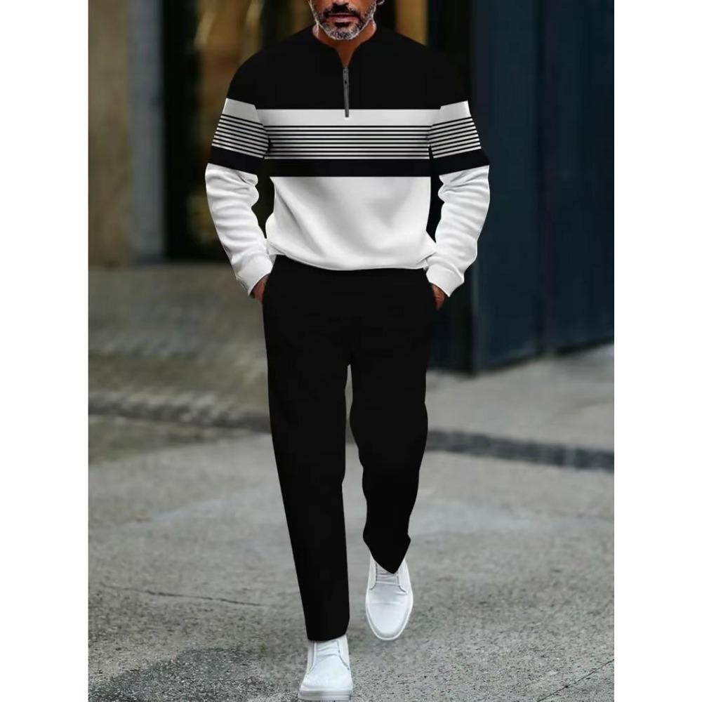 Spring Autumn 3D Printed Fashion Men's Long-Sleeved Sets Half-Zipper Stand-Up Collar Men's Casual Sportswear Two-Piece Set