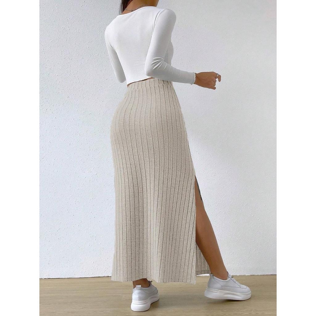 GMXIA Spring Summer High-waisted Side-slit Fitted Knitted Solid Color Women's Skirt