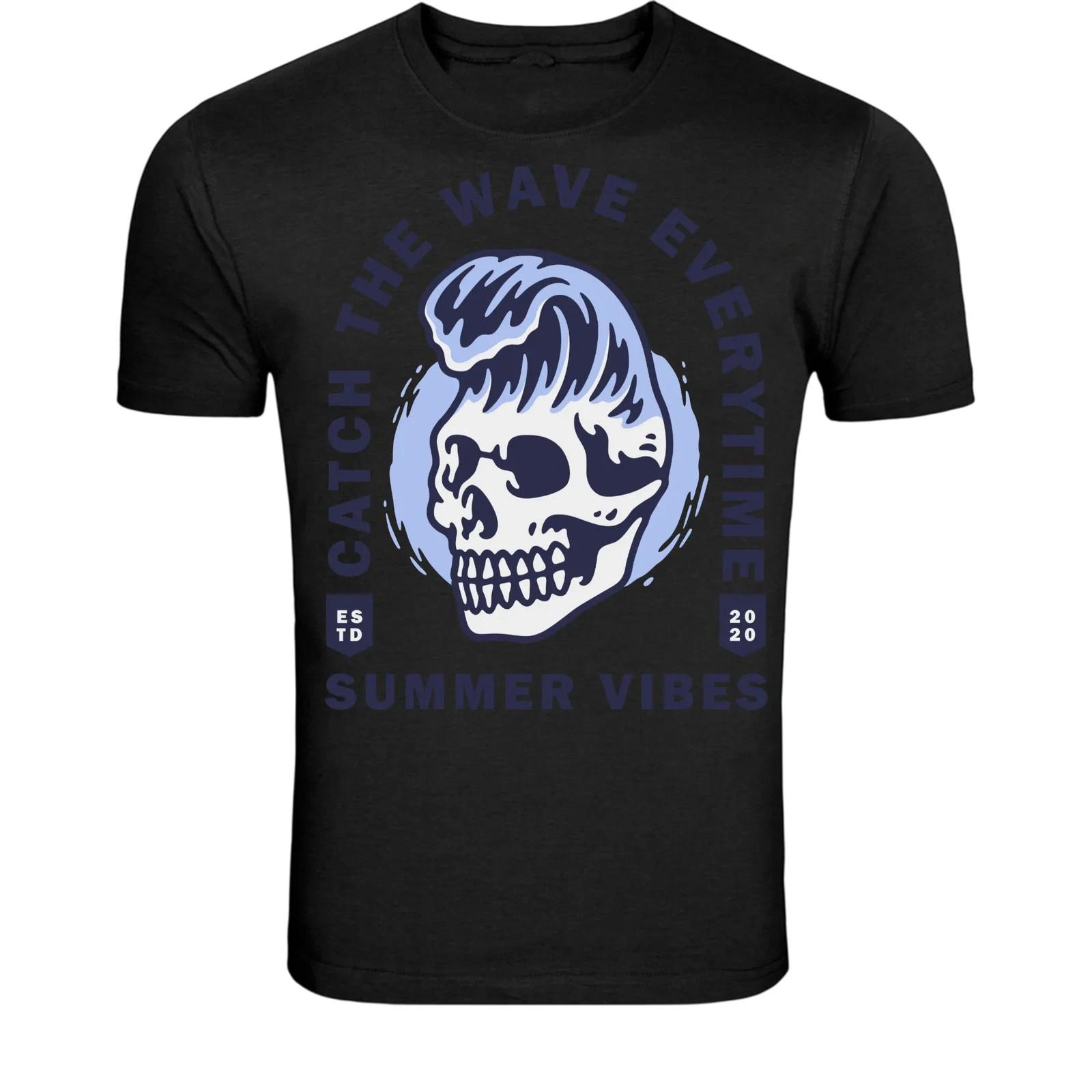 Catch The Wave Skull T-Shirt - Summer Surf Graphic Tee 2XL
