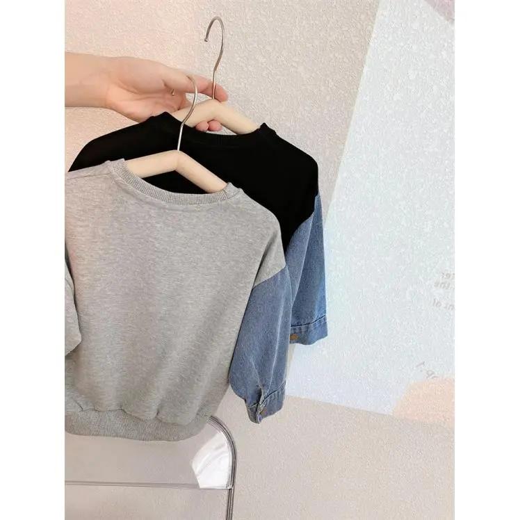 Boys Spring and Fall Denim Splicing Loose Sweatshirt Middle and Small Children Round Neck Casual Pullover Shirt