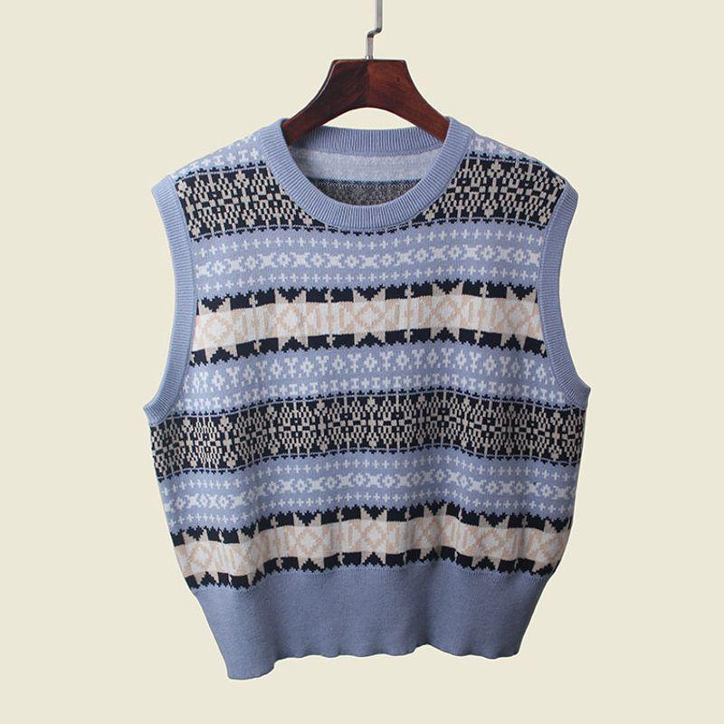 French Style Design Niche Style Knitting Vest Women's Fall and Winter Bandage Dress round Neck Embroider Jacquard Sleeveless Vest Waistcoat