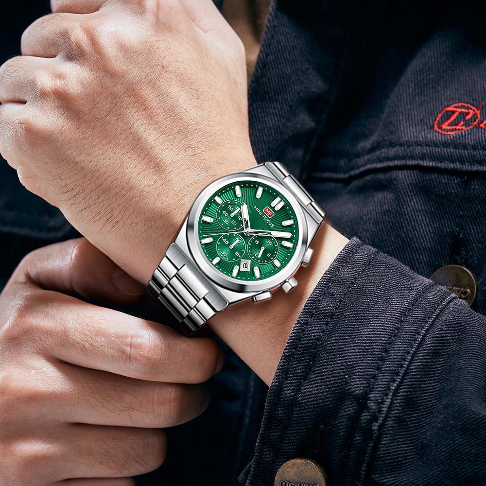 Fashion Men's Business Watches Yellow Green Dial Stainless Steel Strap Luminous Wateproof Quartz Wristwatch with Calendar