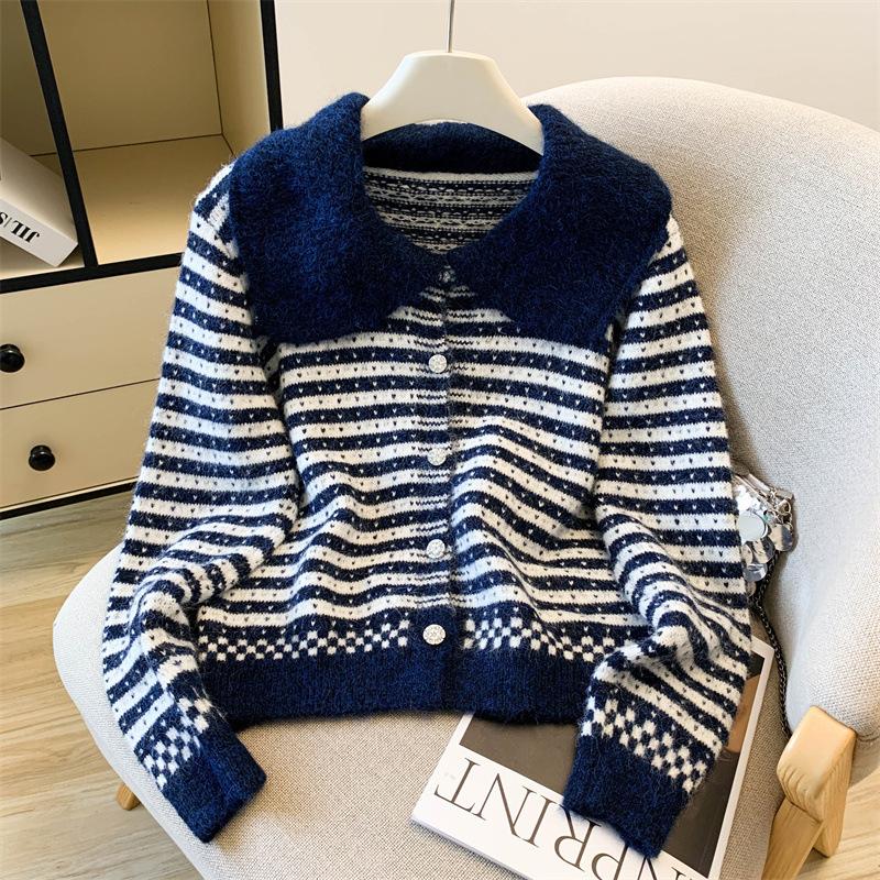 Women's Coat Lapel Striped Knitted Cardigan New Retro Versatile Top Soft Waxy Sweater Women