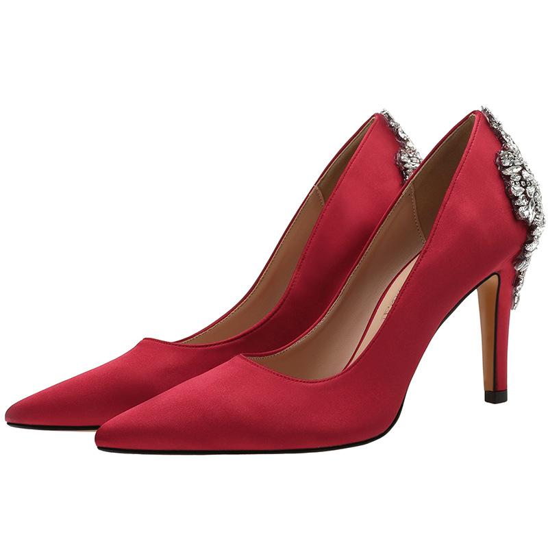 2025 New Pointed Thin Heels High Heels Satin Surface Large Rhinestone Buckle Women's Single Shoes Wedding Shoes Bridesmaid Rhinestone Fashion Shoes