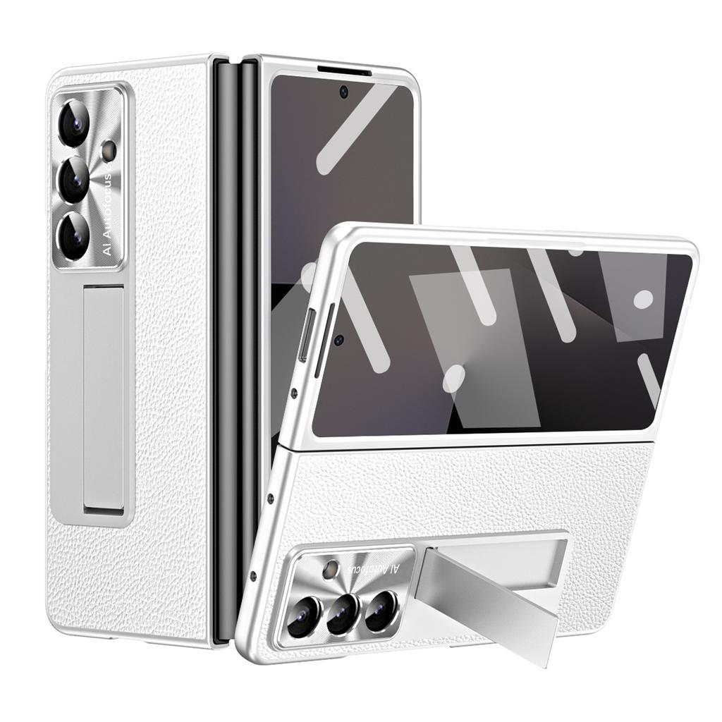 For Samsung Galaxy Z Fold7 5G Case Kickstand Leather+PC Phone Cover with Tempered Glass Film