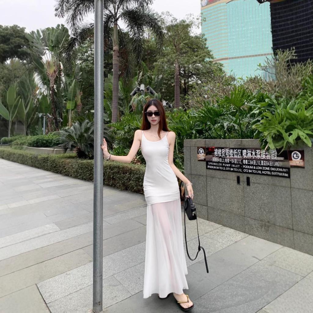 [] Human Cotton Splicing Mesh Splicing Suspender Dress Slim-fitting Long Skirt Waist-wrapped Hip A-word Skirt