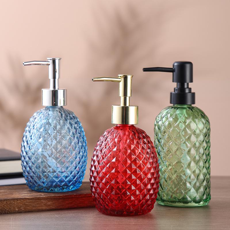 Colored Pineapple Glass Hand Sanitizer and Shower Gel Pump Bottle – Refillable, Sealed, Thickened, Patterned Empty Bottle.